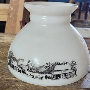White Glass Lamp Shade with Black Currier & Ives Design